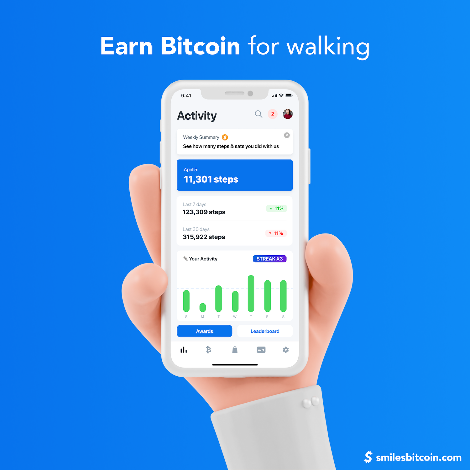 sMiles bitcoin app - take steps to earn sats