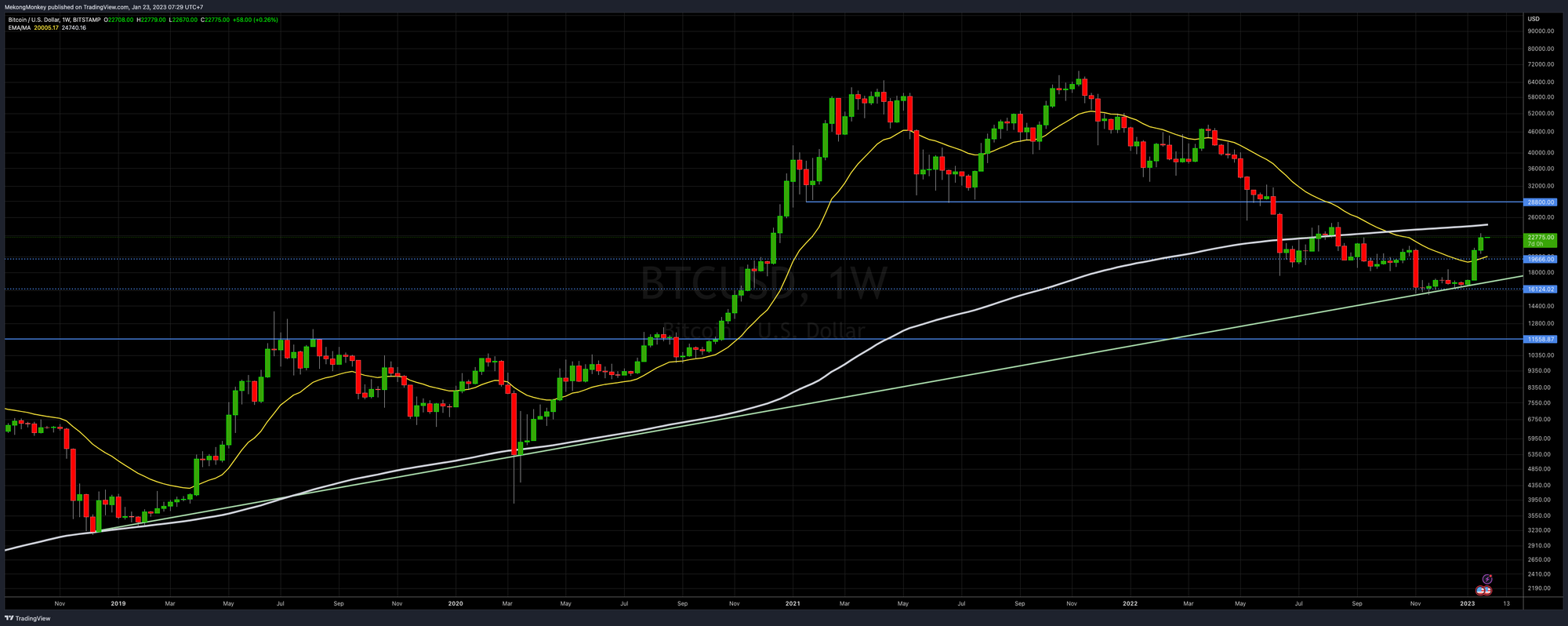The weekly chart of BTCUSD with the 21 EMA (yellow) and the 200 SMA (white).